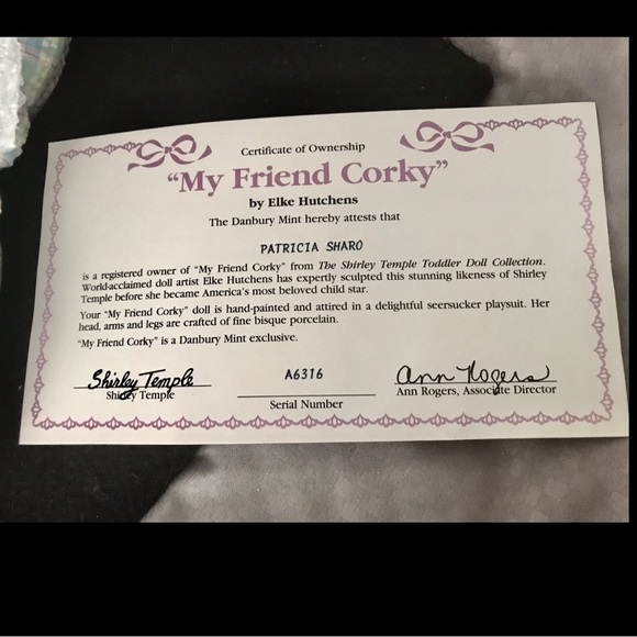 SHIRLEY TEMPLE/DANBURY MINT ”CORKY”& PORCELAIN DOLL BNIB  W/CERTIFICATE - Picture 8 of 14